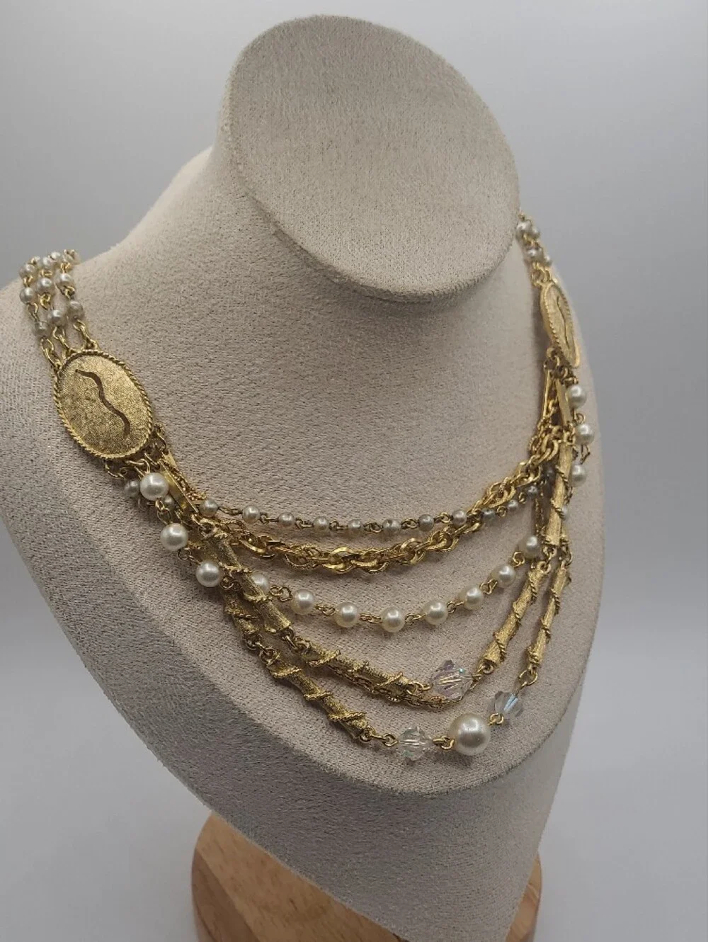Gold Multi-Strand Pearl & Chain Necklace